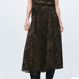 Mango Brown and Black A-Line Skirt PLEATED SKIRT WITH BELT